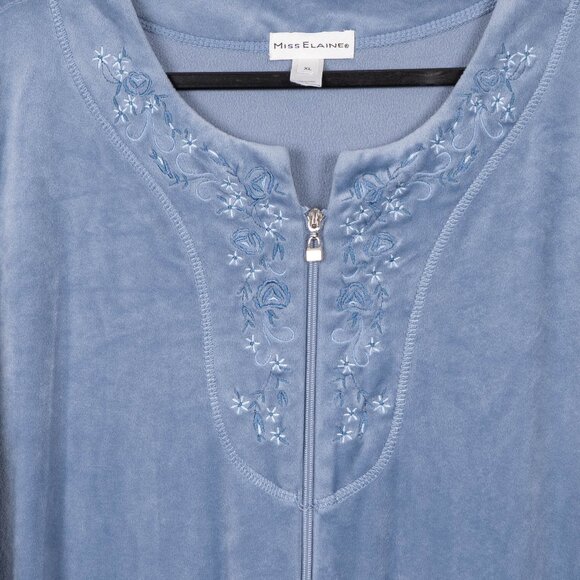 Miss Elaine Velour Robe XL Womens Light Blue Full Zip Embroidered Lounge Pockets - Picture 5 of 7